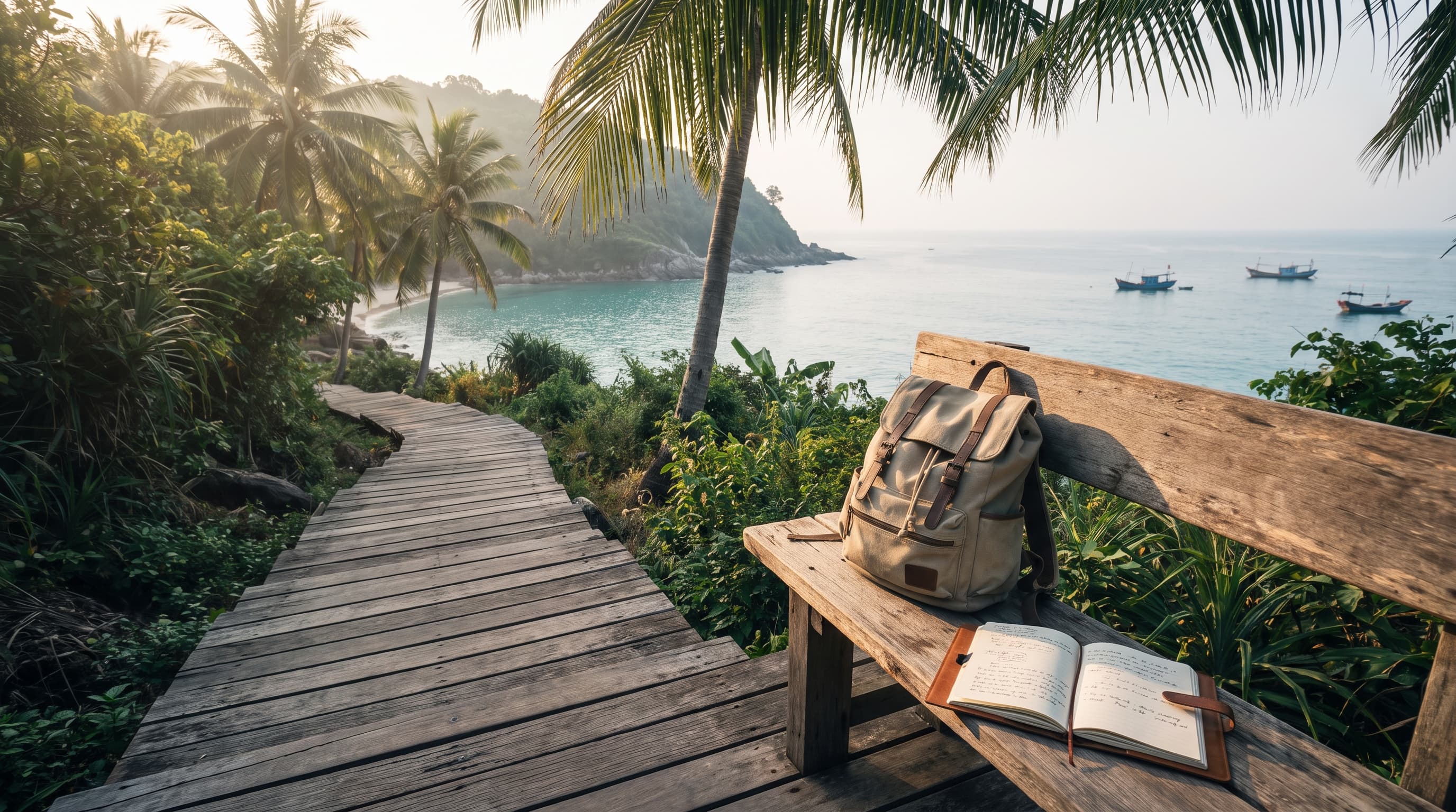A quiet coastal path winding through tropical greenery toward a hidden cove.