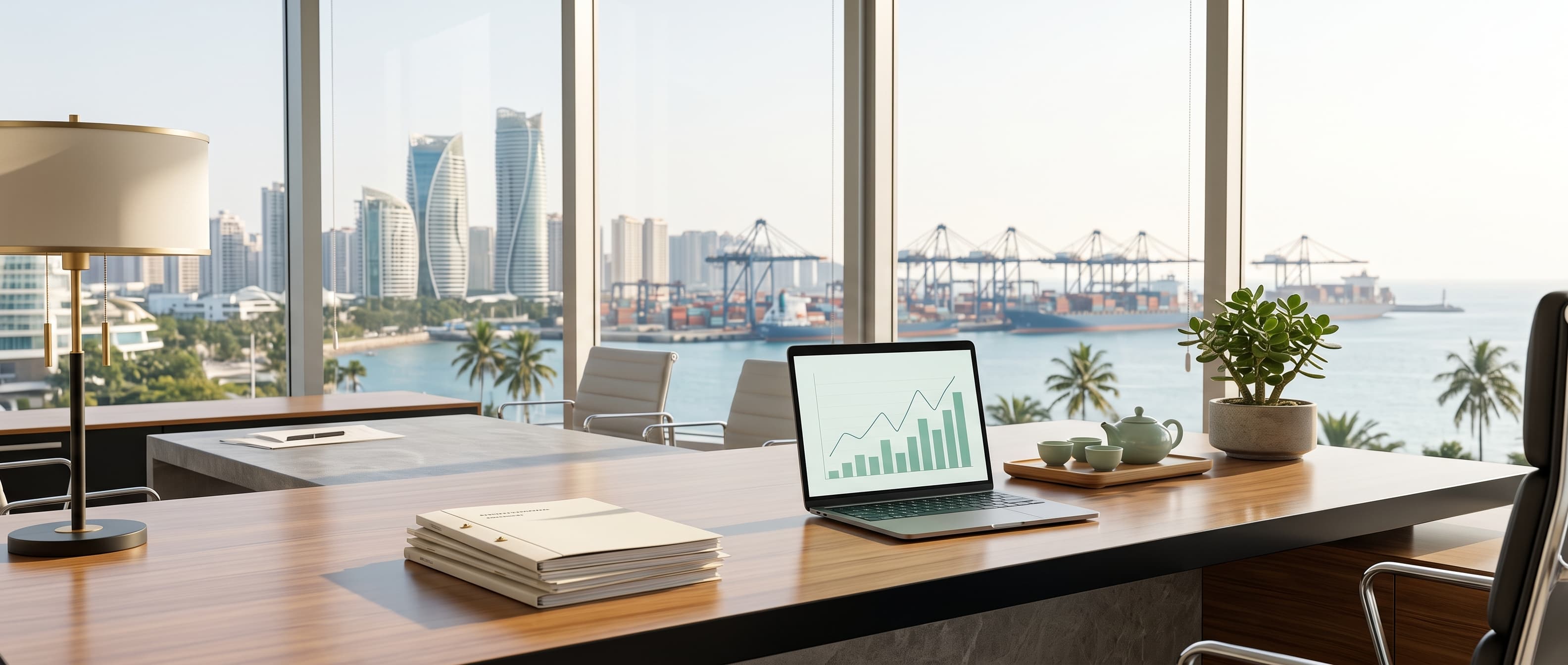 A bright advisory office overlooking the Hainan Free Trade Port skyline — policy documents, a laptop, and a tea set on a warm wooden desk.