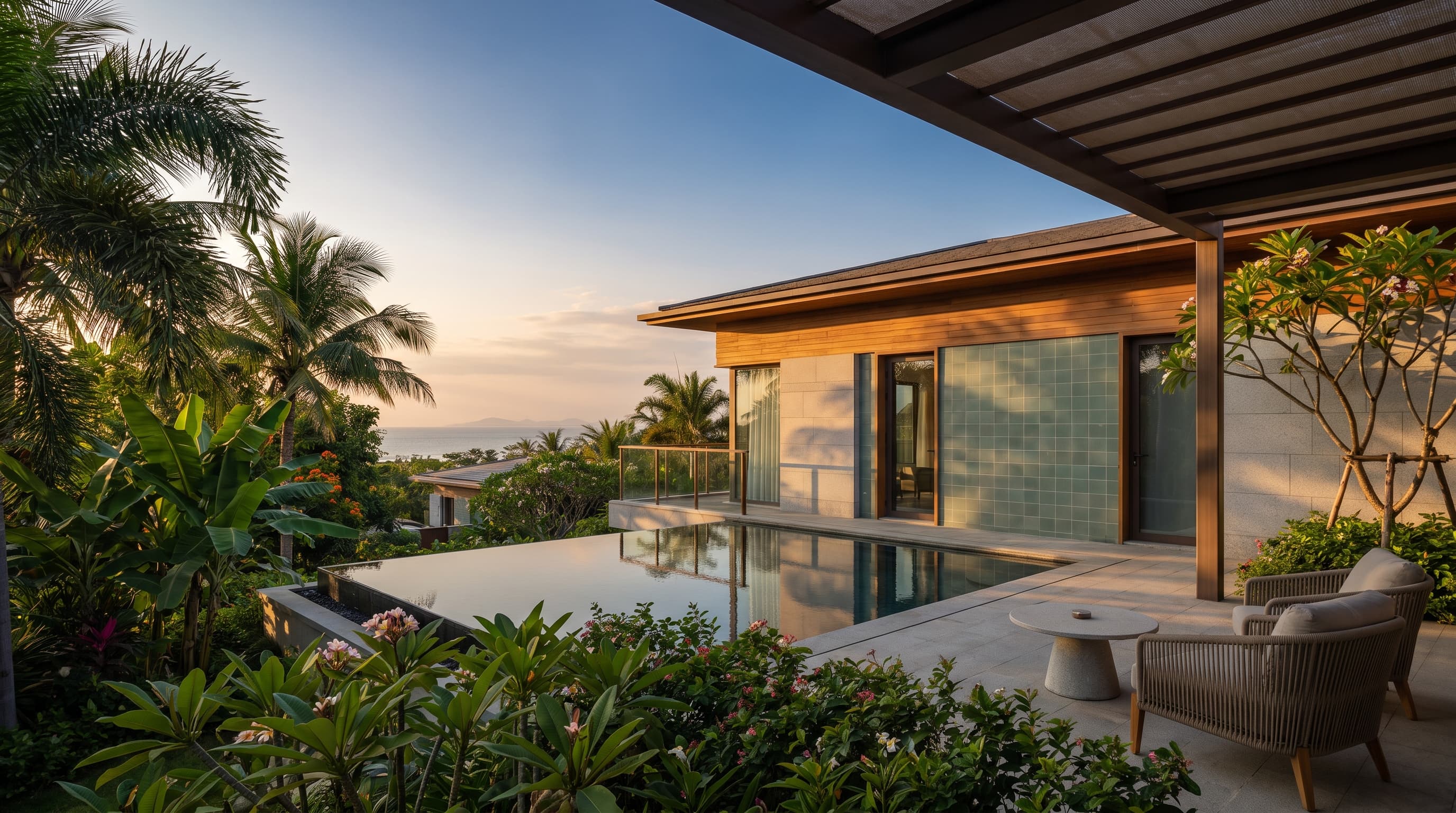 A calm modern Hainan residential terrace at golden light, with tropical planting and the coastline beyond.