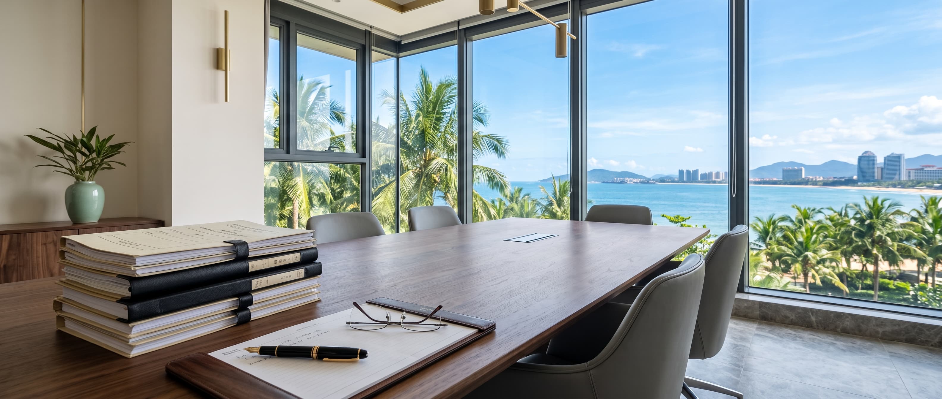 A quiet modern law office in Hainan — documents, a fountain pen, and soft daylight through floor-to-ceiling windows with palm greenery beyond.