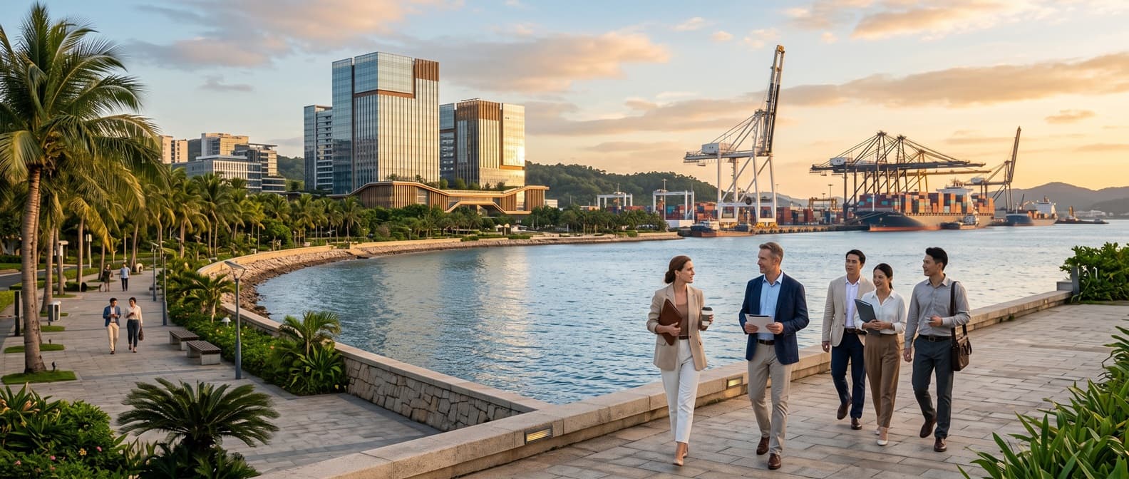 The Hainan Free Trade Port harbor district at golden hour — cranes, a business tower, and a palm-lined promenade.