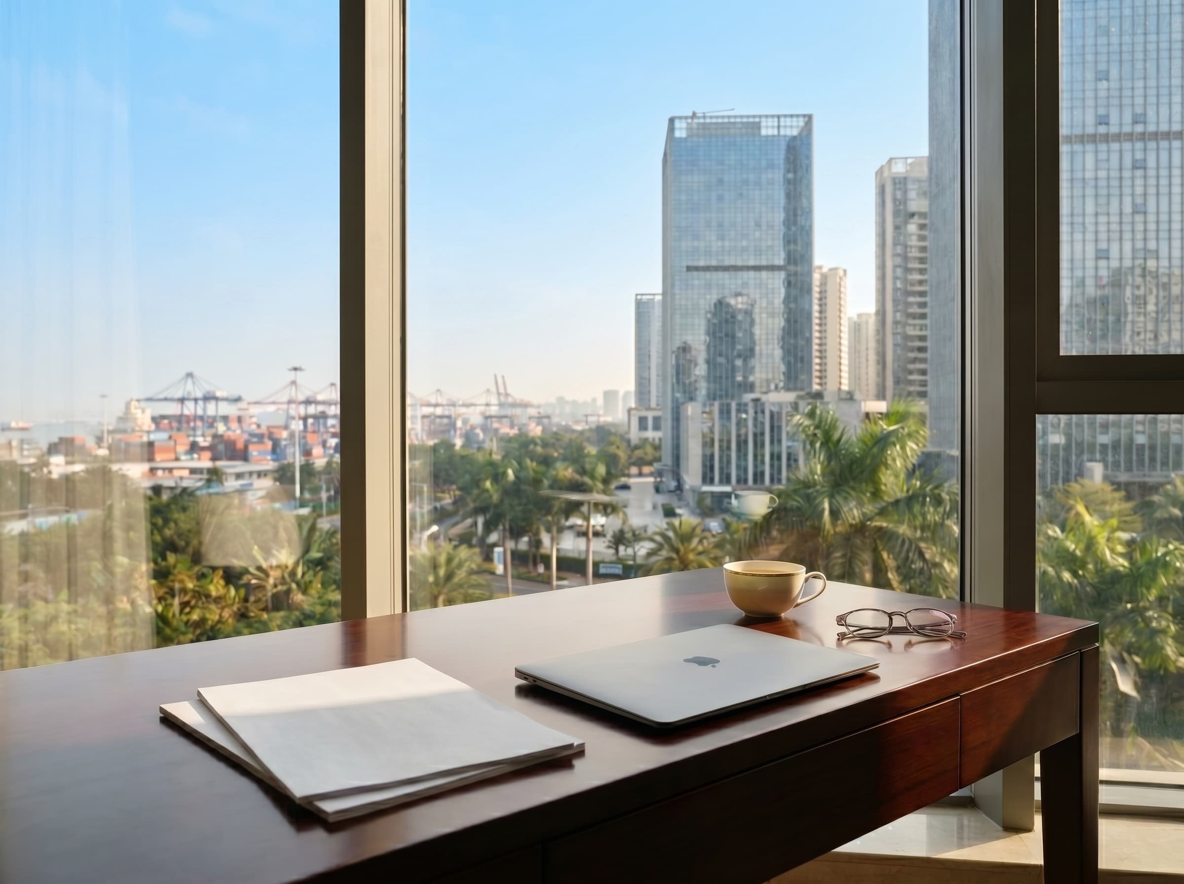 A refined modern workspace overlooking a Hainan Free Trade Port cityscape.