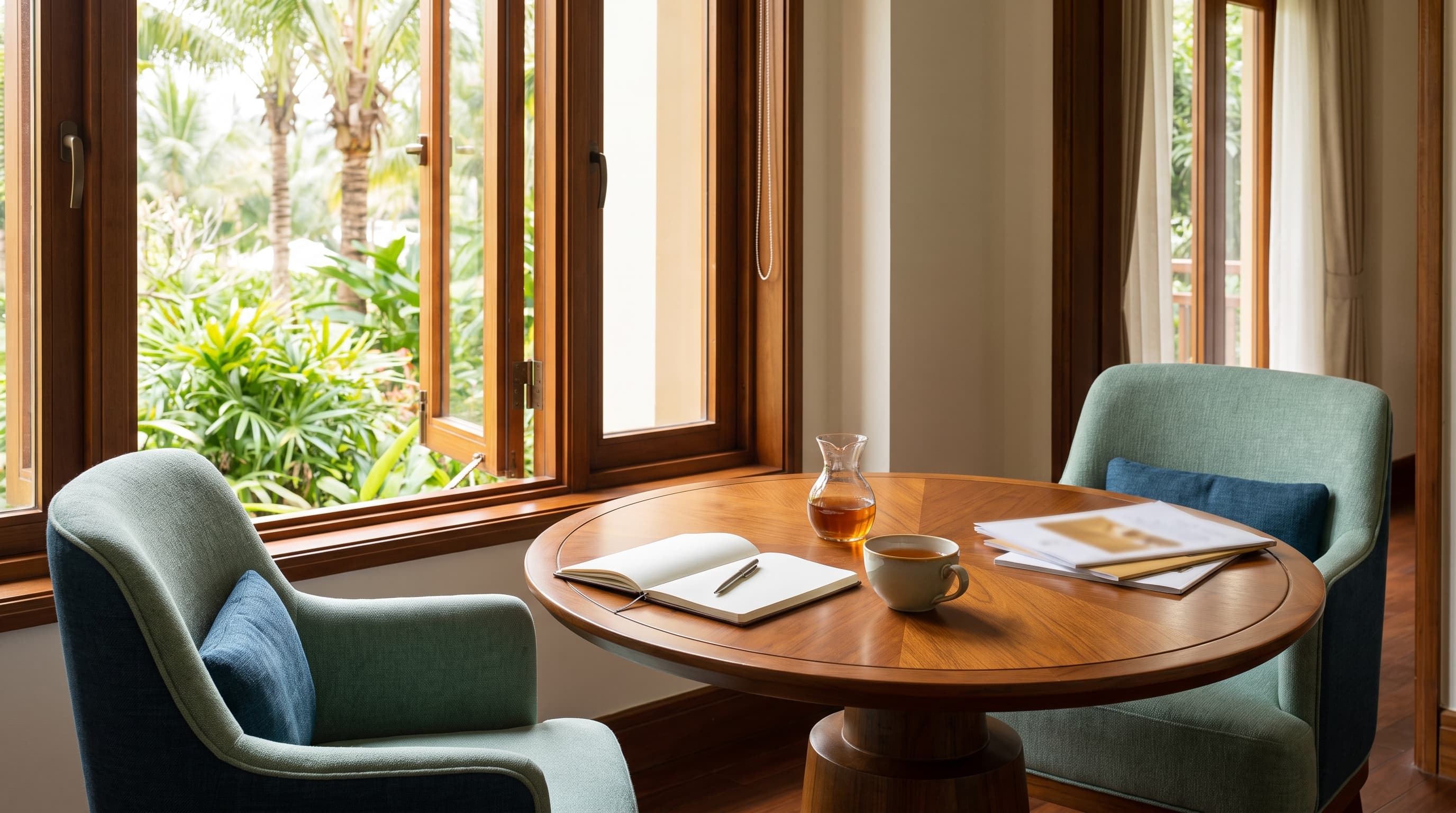 A calm advisory table set for a private conversation, with a window to tropical greenery.