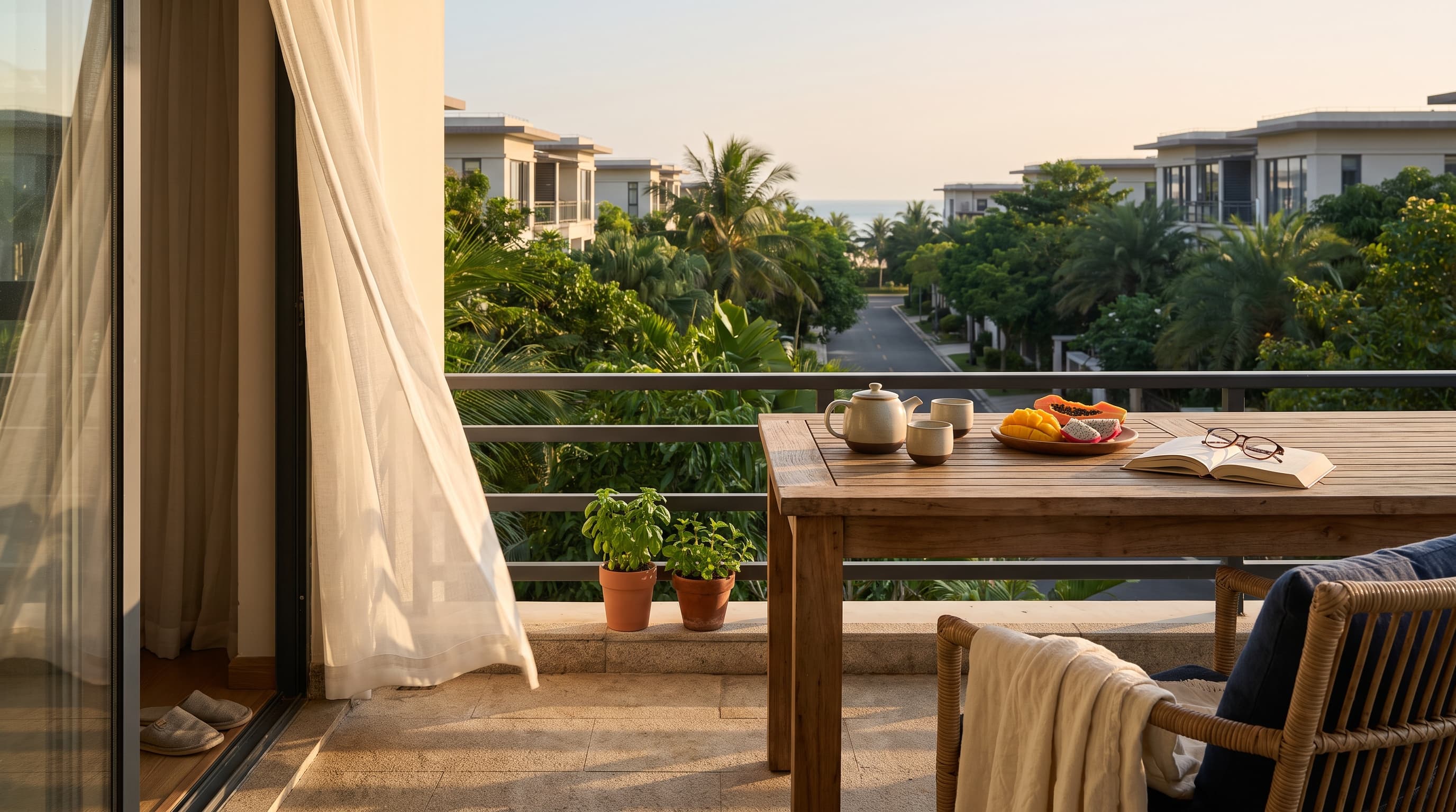 A calm, lived-in Hainan apartment balcony set for morning tea, with greenery and the sea beyond.