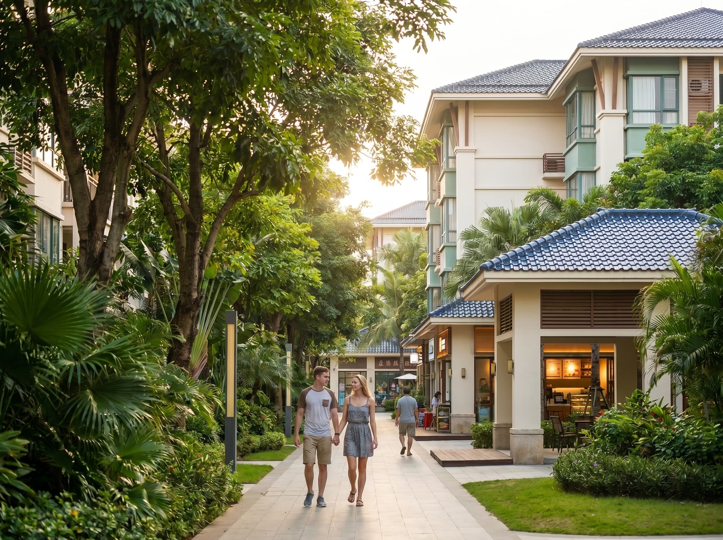 A serene long-stay residence terrace with a tropical garden in soft evening light.
