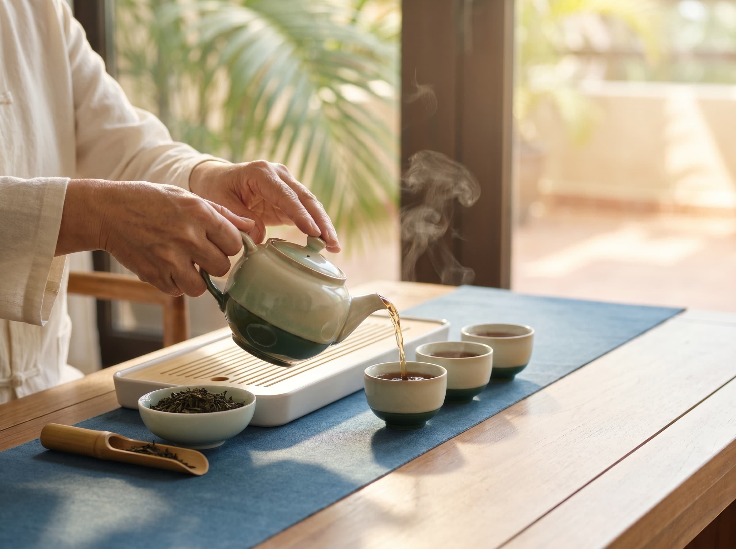 An intimate open-air tea pavilion surrounded by tropical greenery on the Hainan coast.